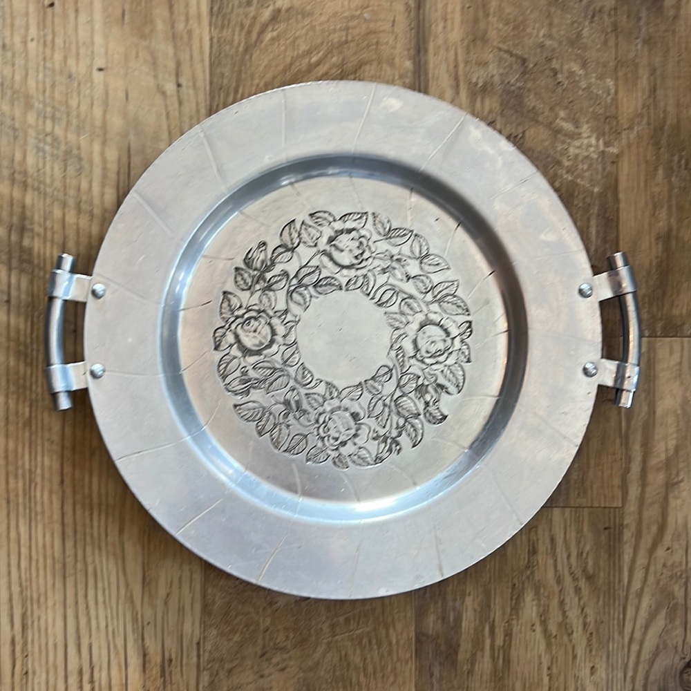 Vintage World Hand Forged Floral Stamped Aluminum Serving Platter 14” Diameter